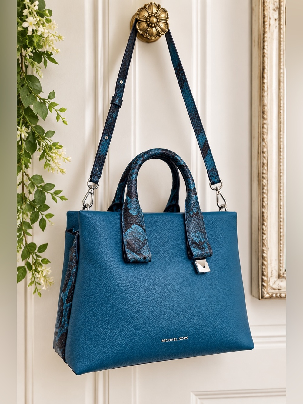 NWT Michael Kors Rollins Large Luxe Teal Leather Snakeskin Satchel
